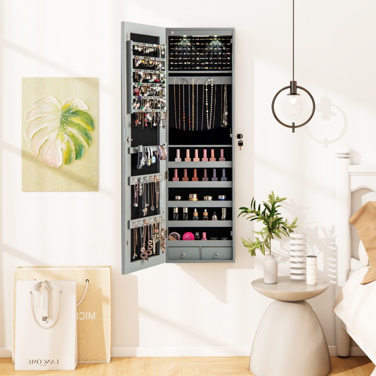 Gray wall-mounted jewelry cabinet with LED lights, full-length mirror, and spacious storage for organized accessories.