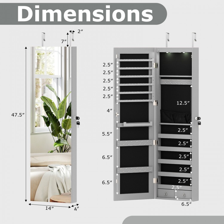 Dimensions of the gray wall and door mounted mirrored jewelry cabinet with LED lights and spacious storage options.