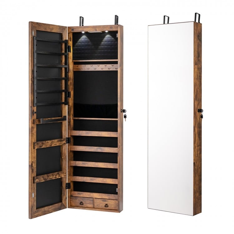 Rustic brown wall-mounted jewelry cabinet with LED lights, full-length mirror, and spacious storage for jewelry and.