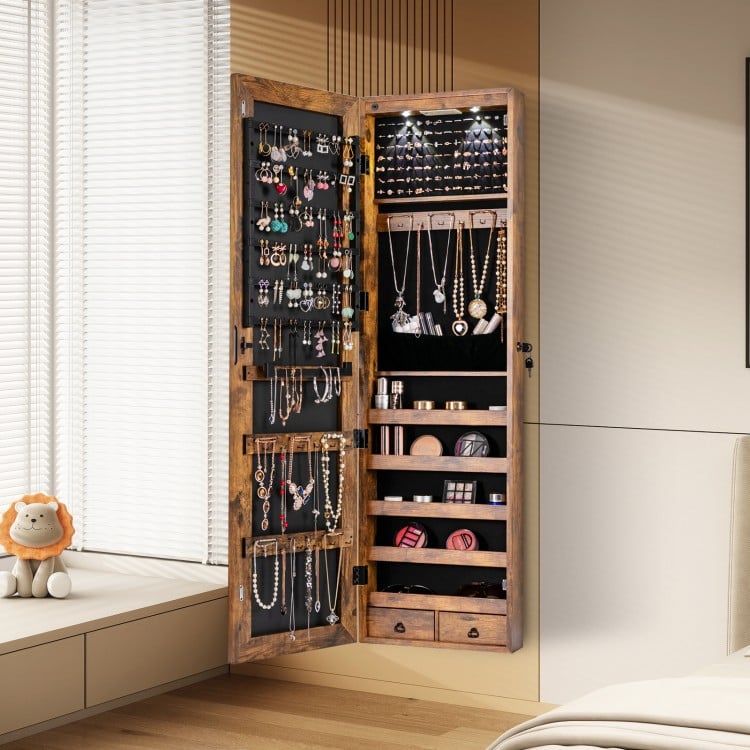 Rustic brown wall-mounted jewelry cabinet with LED lights, featuring a full-length mirror and spacious storage for.