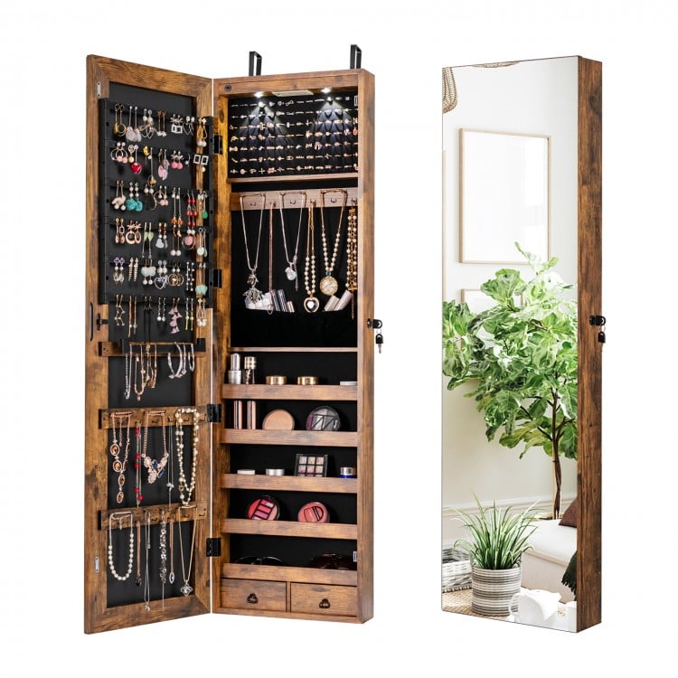 Mirrored jewelry cabinet in rustic brown with LED lights, featuring 6 shelves, 36 hooks, and lockable design for secure.