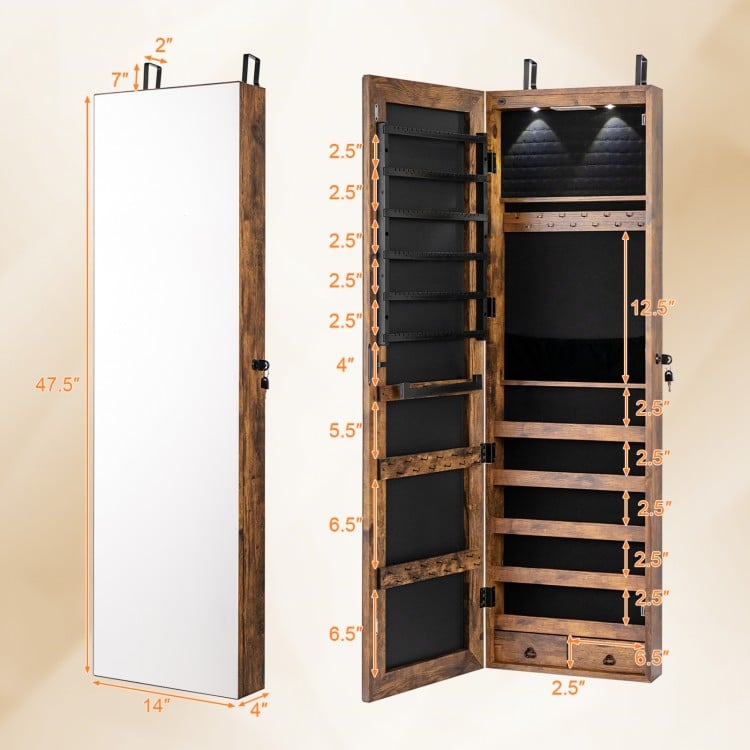 Wall-mounted mirrored jewelry cabinet in rustic brown with LED lights, featuring spacious storage and lockable design.