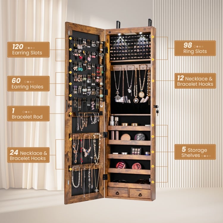 Rustic brown wall-mounted jewelry cabinet featuring a full-length mirror, 120 earring slots, and LED lights for easy.