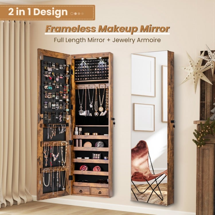 Frameless full-length mirror with rustic brown jewelry cabinet, featuring LED lights and spacious storage for.