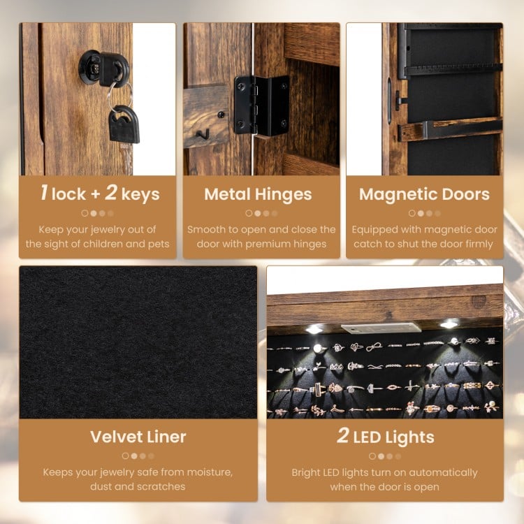 Wall-mounted mirrored jewelry cabinet in rustic brown with LED lights, lockable design, and velvet-lined storage for.