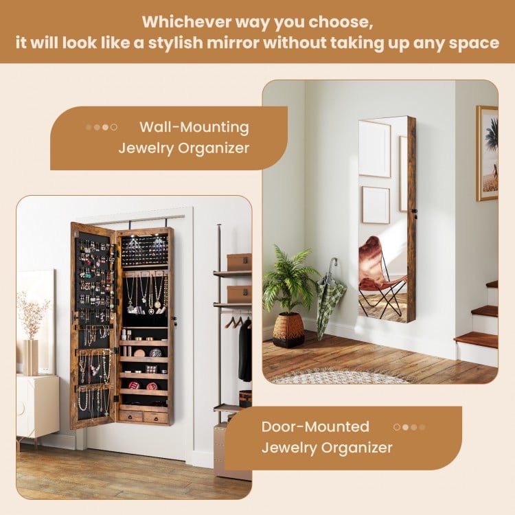 Wall and door-mounted mirrored jewelry cabinet in rustic brown with LED lights, spacious storage, and lockable design.