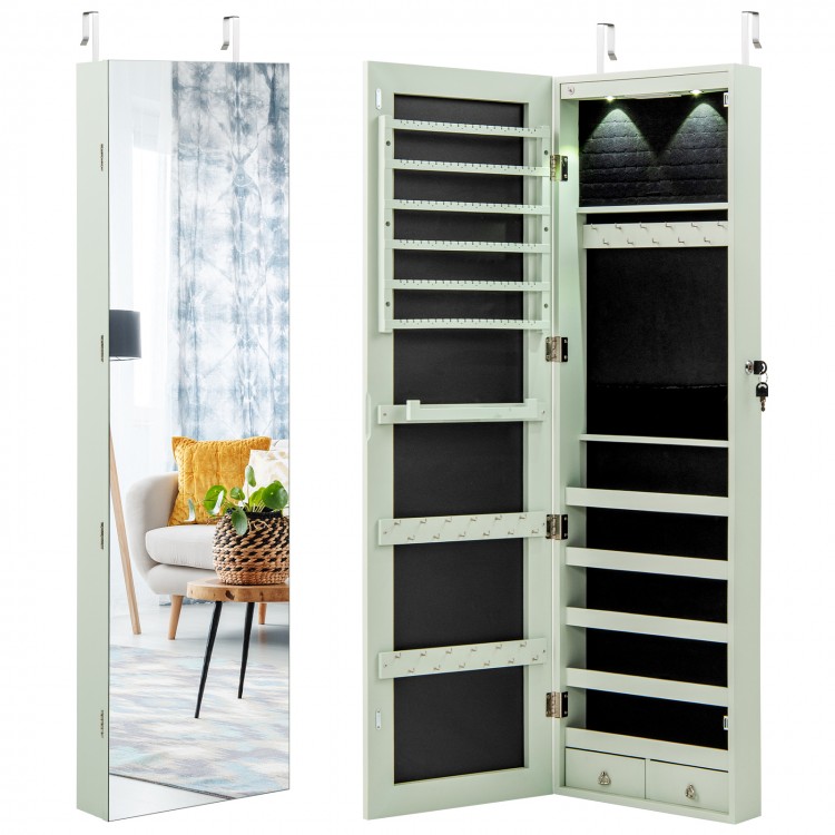 Mirrored jewelry cabinet in green with LED lights, featuring 6 shelves, 36 hooks, and lockable storage for organized.
