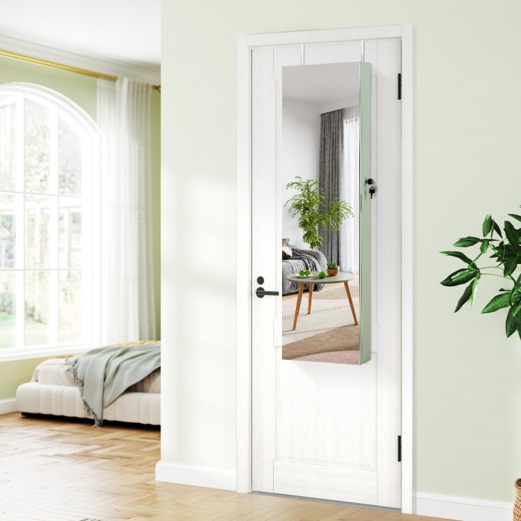 Wall-mounted mirrored jewelry cabinet in green with LED lights, featuring spacious storage and a full-length mirror.