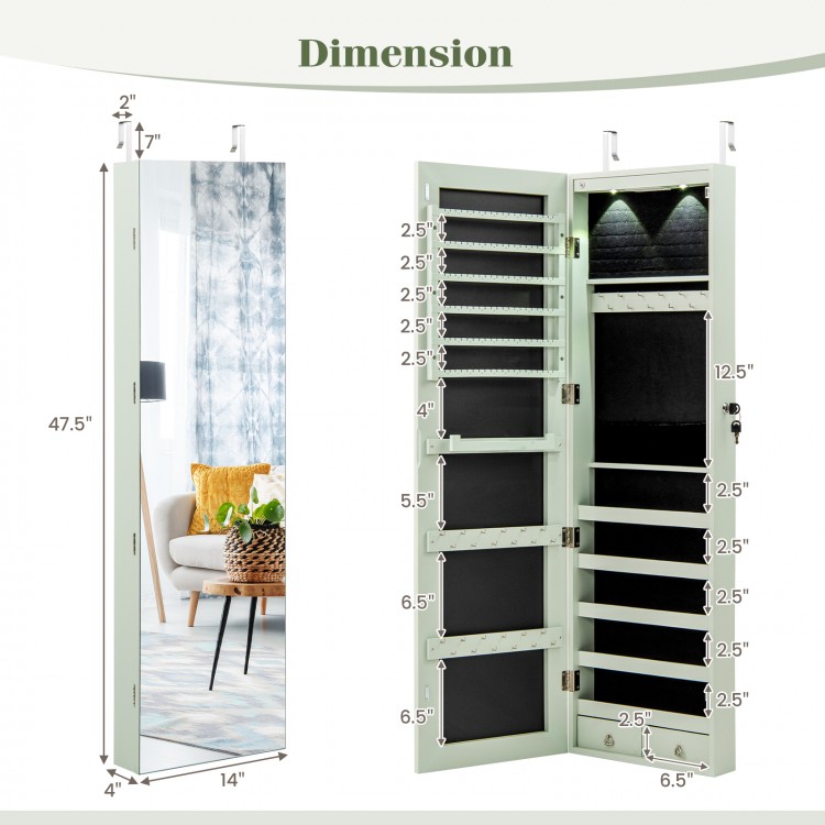 Wall-mounted mirrored jewelry cabinet in green with LED lights, featuring spacious storage and lockable design for.