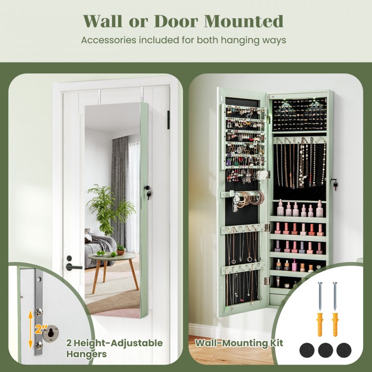 Mirrored jewelry cabinet in green, wall or door mounted, featuring LED lights, spacious storage, and lockable design.