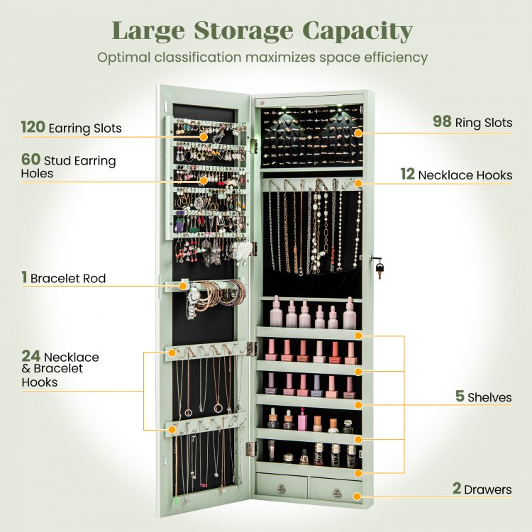 Wall-mounted jewelry cabinet in green with LED lights, featuring 120 earring slots, 98 ring slots, and spacious storage.