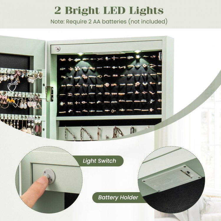 Jewelry cabinet detail showing LED lights, battery holder, and light switch, made of green MDF for stylish storage.