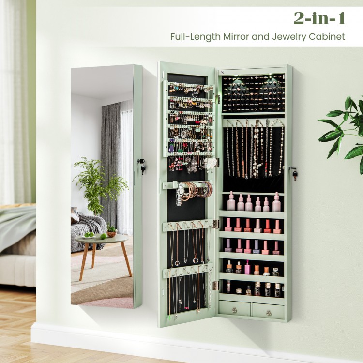 Wall-mounted jewelry cabinet in green with full-length mirror, featuring LED lights and spacious storage for.