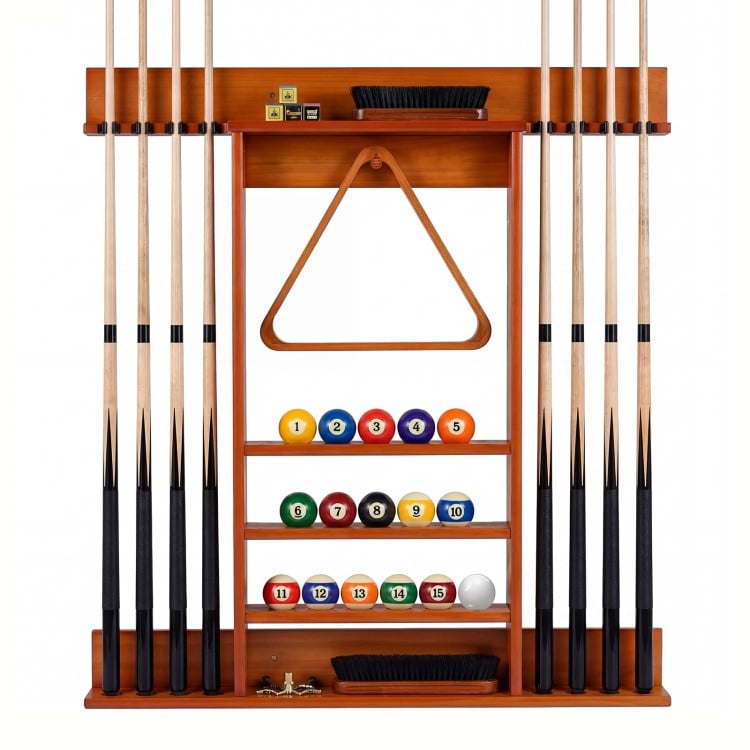 Wall-mounted billiards pool cue rack in brown, made of solid pine wood, holds 8 cues and 15 balls for organized storage.
