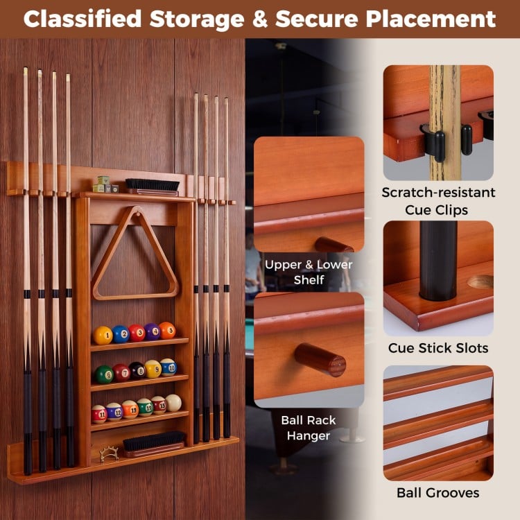 Wall-mounted brown billiards pool cue rack made of solid pine wood with clips for 8 cues and 3-tier ball grooves.