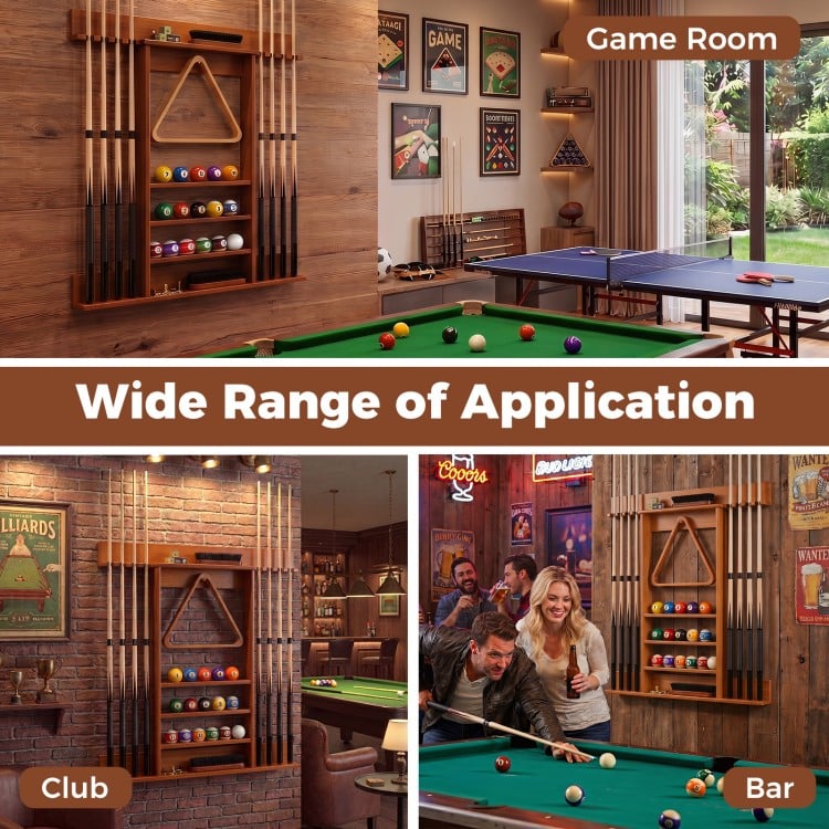 Wall-mounted billiards pool cue rack in brown, made of solid pine wood, for organizing cues and balls in game rooms or.