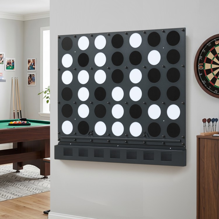 Wall-mounted Jumbo 4-in-a-Row game features black acrylic discs, perfect for garages, basements, and game rooms.