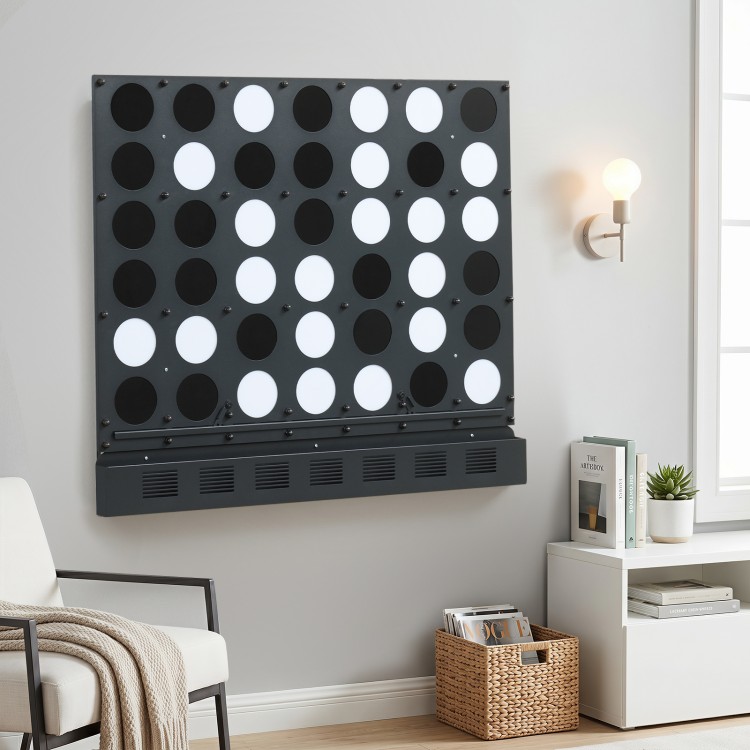 Wall-mounted Jumbo 4-in-a-Row game features black acrylic discs, perfect for garages and game rooms for all ages.