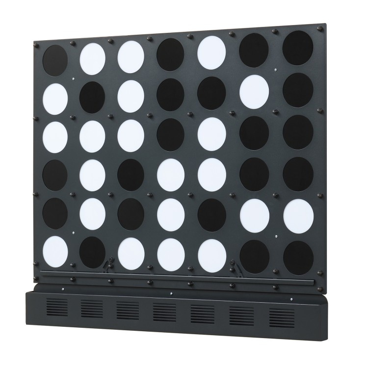 Wall-mounted Jumbo 4-in-a-Row game features black and white acrylic discs, perfect for garages and game rooms.