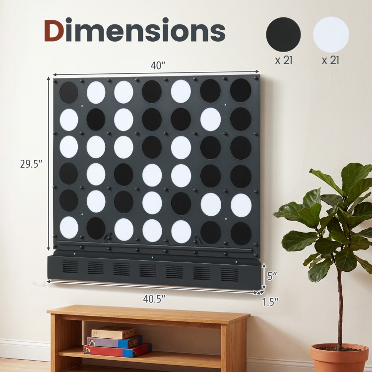 Wall-mounted Jumbo 4-in-a-Row game features black acrylic discs, measuring 40" x 29.5", perfect for game rooms.