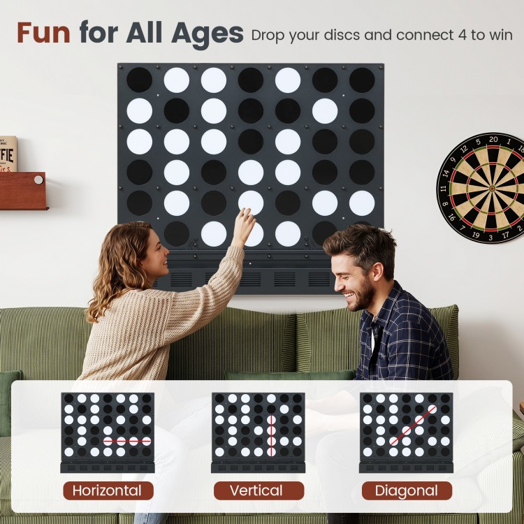 Wall-mounted Jumbo 4-in-a-Row game with black metal rack and sleek acrylic discs for family fun in game rooms.