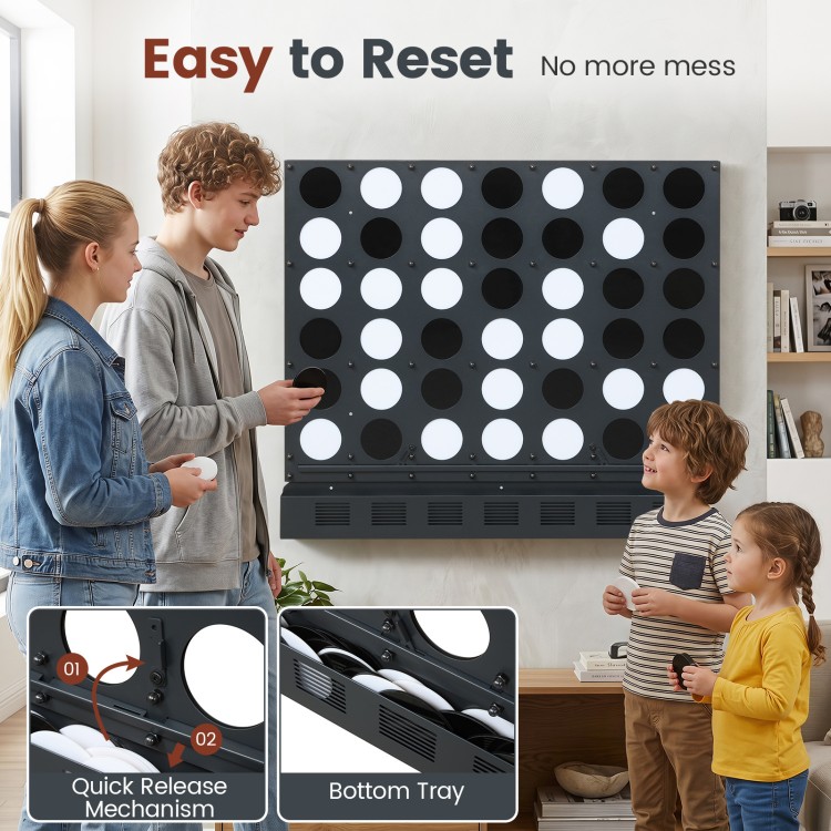 Wall-mounted Jumbo 4-in-a-Row game in black features acrylic discs and a bottom tray for easy reset and cleanup.