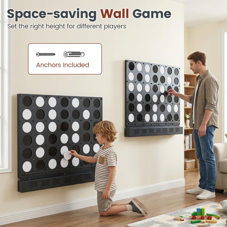 Wall-mounted Jumbo 4-in-a-Row game in black with acrylic discs, perfect for garages and game rooms, includes anchors.