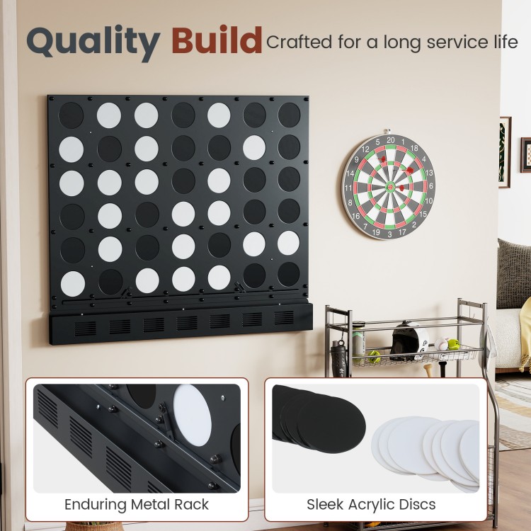 Wall-mounted Jumbo 4-in-a-Row game in black features an enduring metal rack and sleek acrylic discs for easy play.