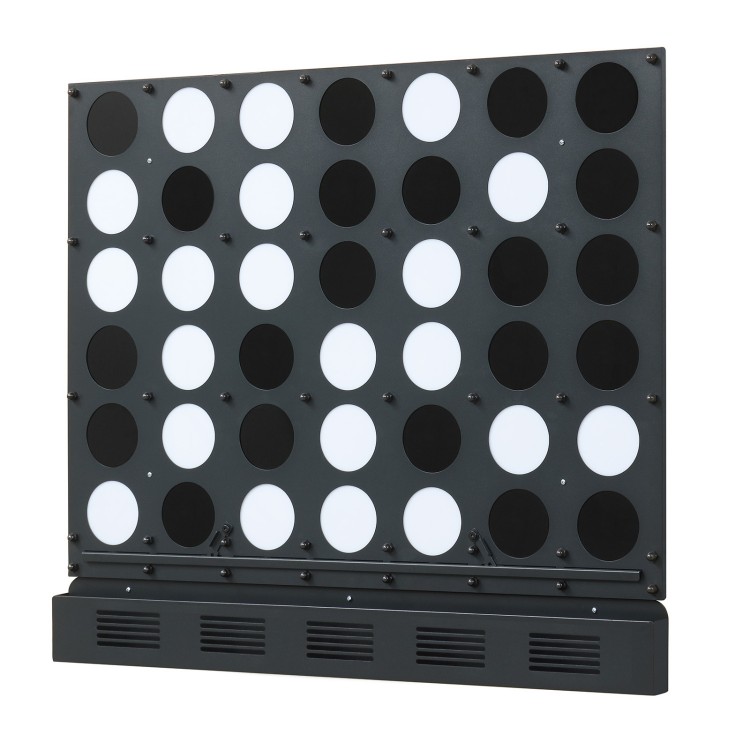 Wall-mounted Metal Connect-4 game featuring black and white acrylic discs, perfect for garages and game rooms.
