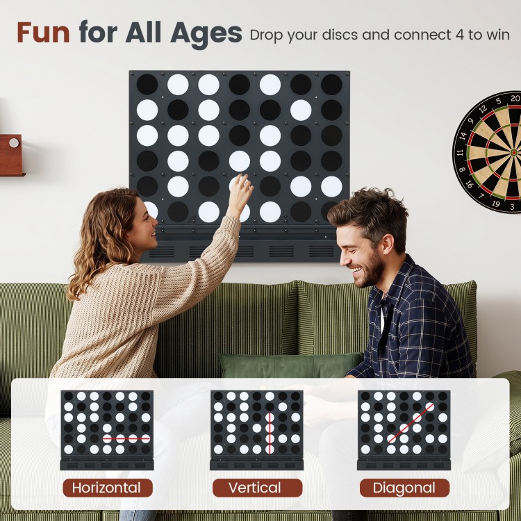 Wall-mounted metal Connect-4 game with black acrylic discs, designed for easy play and space-saving in game rooms.