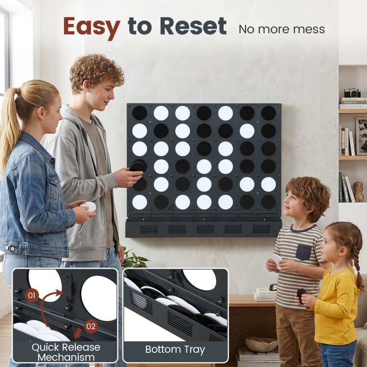 Wall-mounted Metal Connect-4 game in black features acrylic discs, quick release mechanism, and a convenient bottom tray.