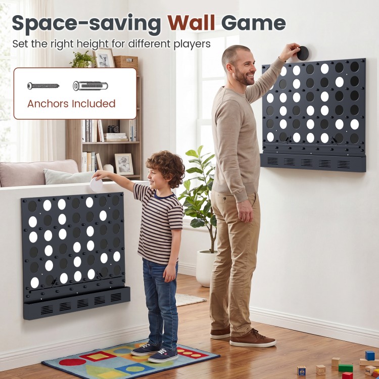 Wall-mounted metal Connect-4 game in black with acrylic discs, designed for easy play and adjustable height for all ages.