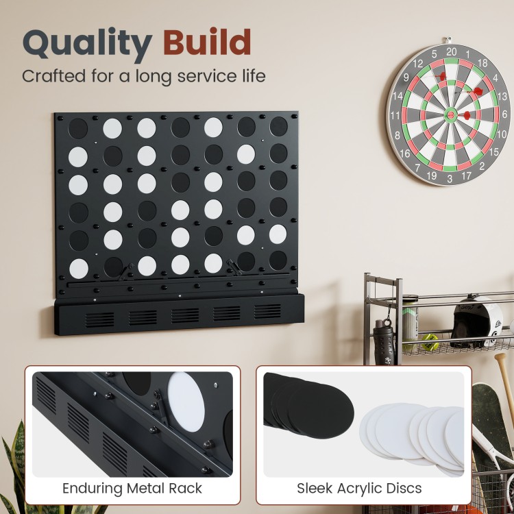 Wall-mounted Connect-4 game in black features an enduring metal rack and sleek acrylic discs for easy play and storage.