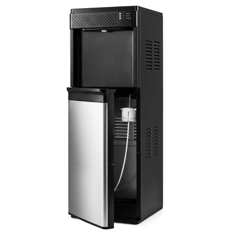 3-in-1 black water dispenser with ice maker, featuring a bottom-loading design for 5-gallon bottles and easy operation.