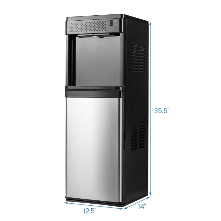 3-in-1 bottom loading water dispenser with ice maker, featuring a sleek black design and dimensions of 35.5" x 12.5" x.