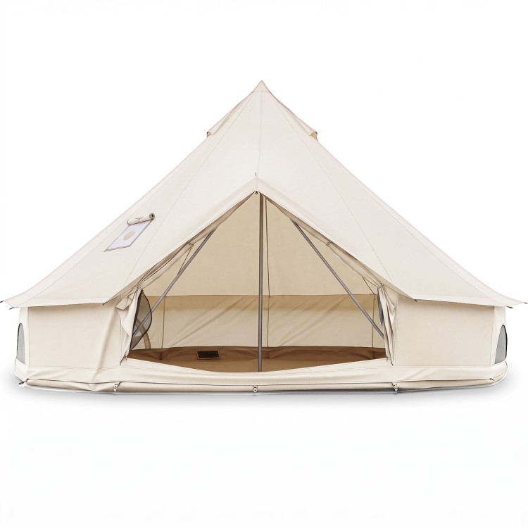 Waterproof bell tent with stove jack features mesh windows, spacious interior for 6-8 people, and easy setup for camping.