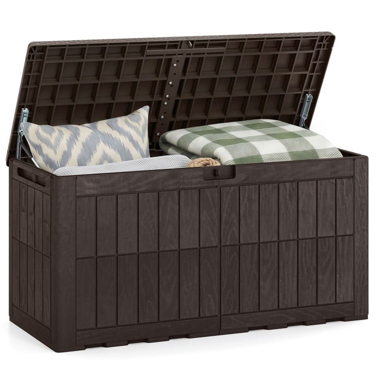 Dark brown waterproof lockable outdoor deck box with ample 120 Gal capacity for cushions and tools, doubles as a bench.