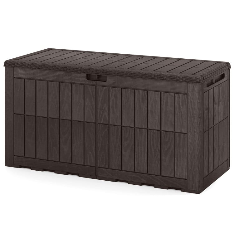 Dark brown waterproof lockable outdoor deck box with wicker texture, 120 Gal capacity for tools and cushions.
