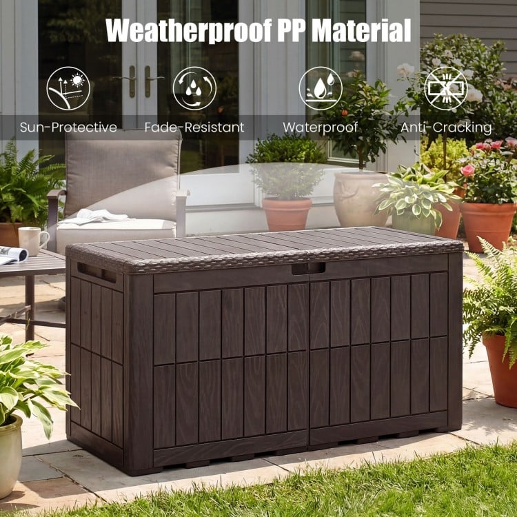 Dark brown waterproof lockable outdoor deck box with wicker texture, ideal for storing cushions and tools in style.
