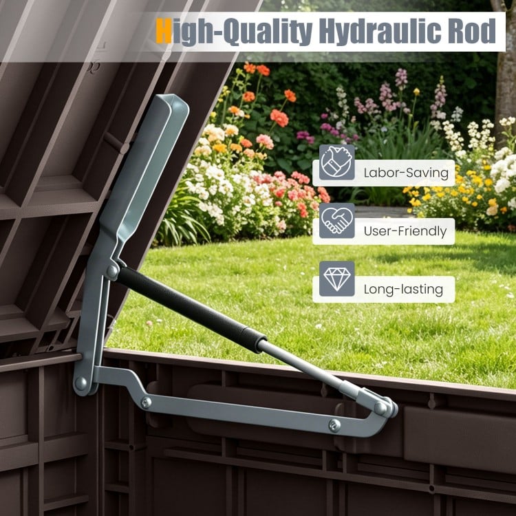 High-quality hydraulic rod detail of dark brown waterproof lockable outdoor deck box for tools and cushions.