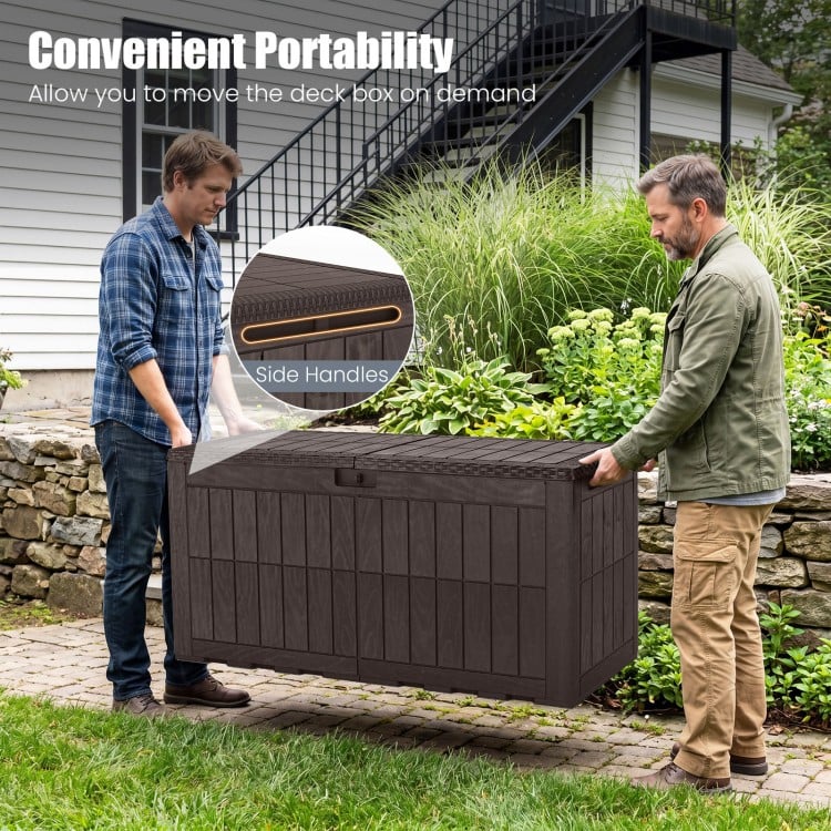 Dark brown waterproof outdoor deck box with side handles, ideal for storing tools and cushions, offers 120 Gal capacity.