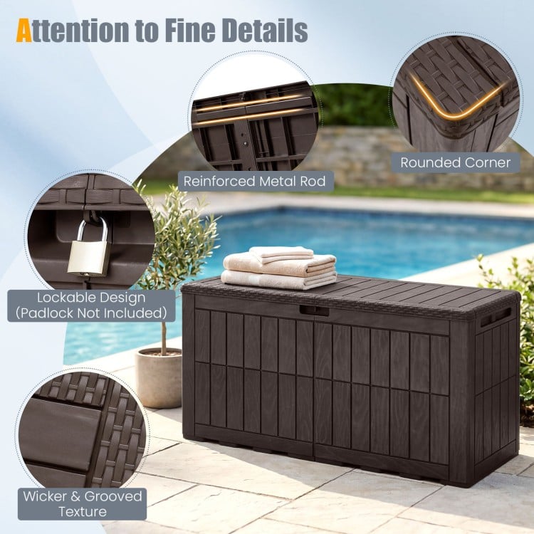 Waterproof lockable outdoor deck box in dark brown, featuring wicker texture, rounded corners, and 120-gal capacity for.