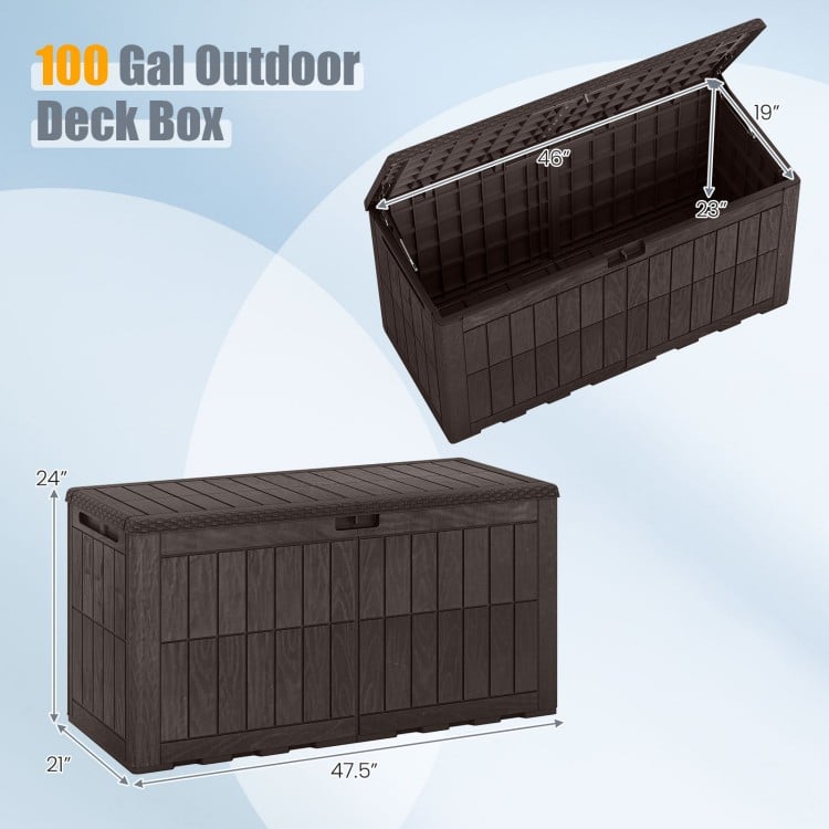 Dark brown waterproof lockable outdoor deck box with 120 Gal capacity, ideal for storing tools and cushions.