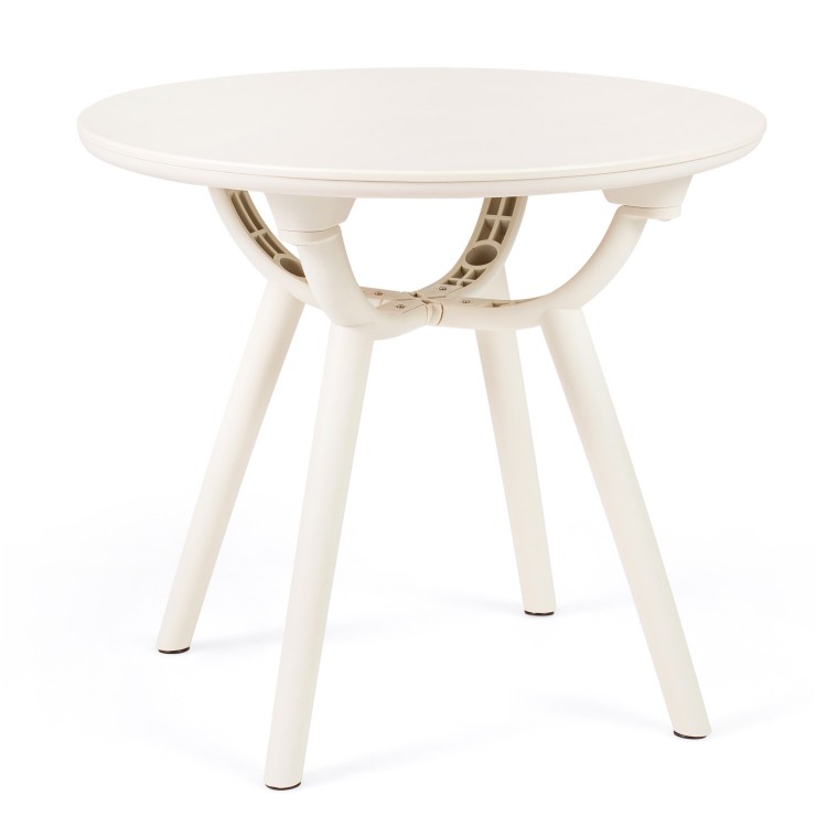 Round weather-resistant small end table in cream color, perfect for poolside or balcony use, crafted from durable PP and ABS materials.