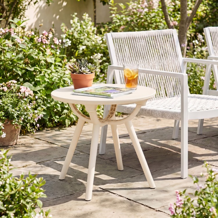 Weather-resistant circular small end table with a 20" round tabletop, perfect for poolside or balcony use.