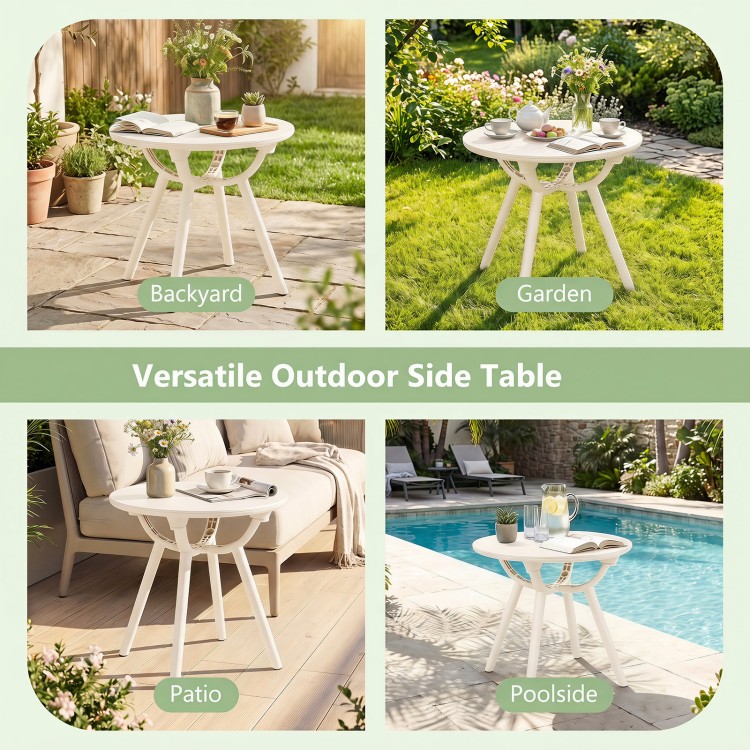 Weather-resistant circular small end table with a 20" round tabletop, ideal for poolside, patio, or garden use.
