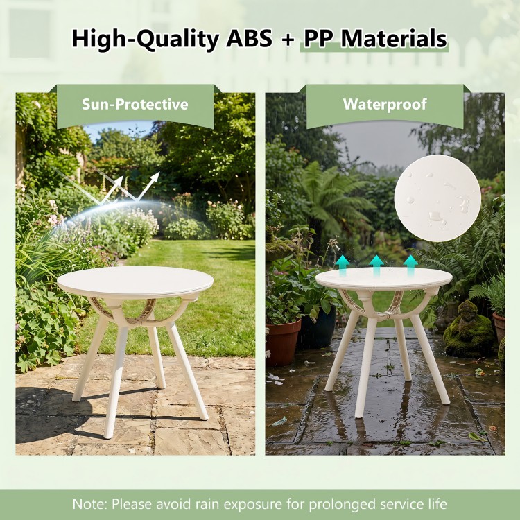 Weather-resistant circular small end table made of premium PP and ABS materials, ideal for poolside or balcony use.