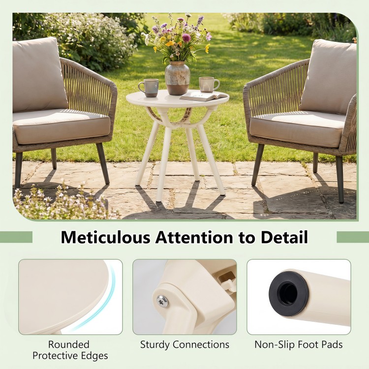 Circular small end table featuring rounded protective edges and non-slip foot pads, ideal for outdoor use on balconies or patios.