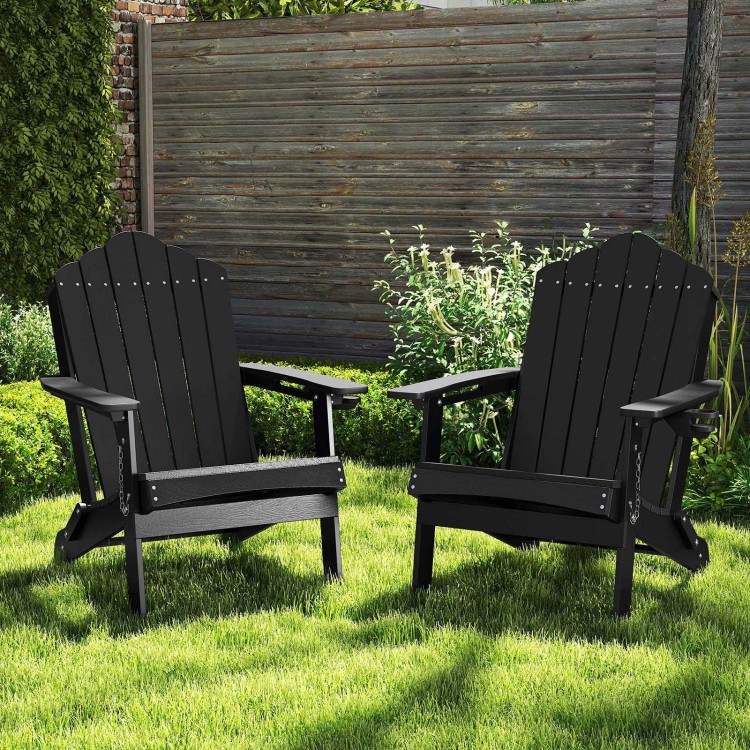 Two black folding Adirondack chairs made of weather-resistant HDPE, featuring a high backrest and wide armrests for comfort.