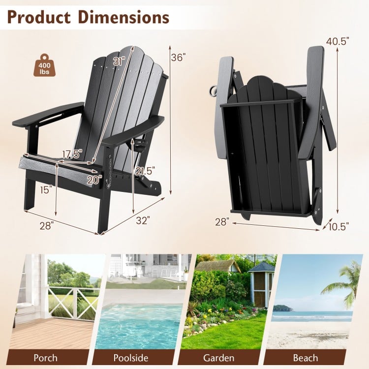 Folding Adirondack chair in black with high backrest, made of weather-resistant HDPE, ideal for backyard relaxation.